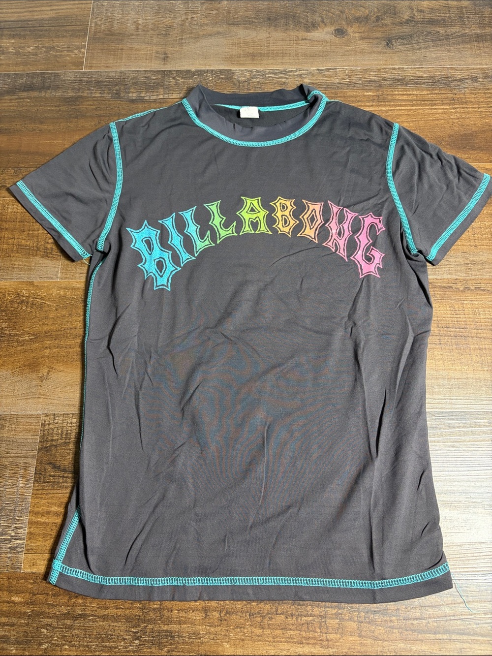 Billabong Black Tee with Neon Rainbow Logo and Teal Stitching